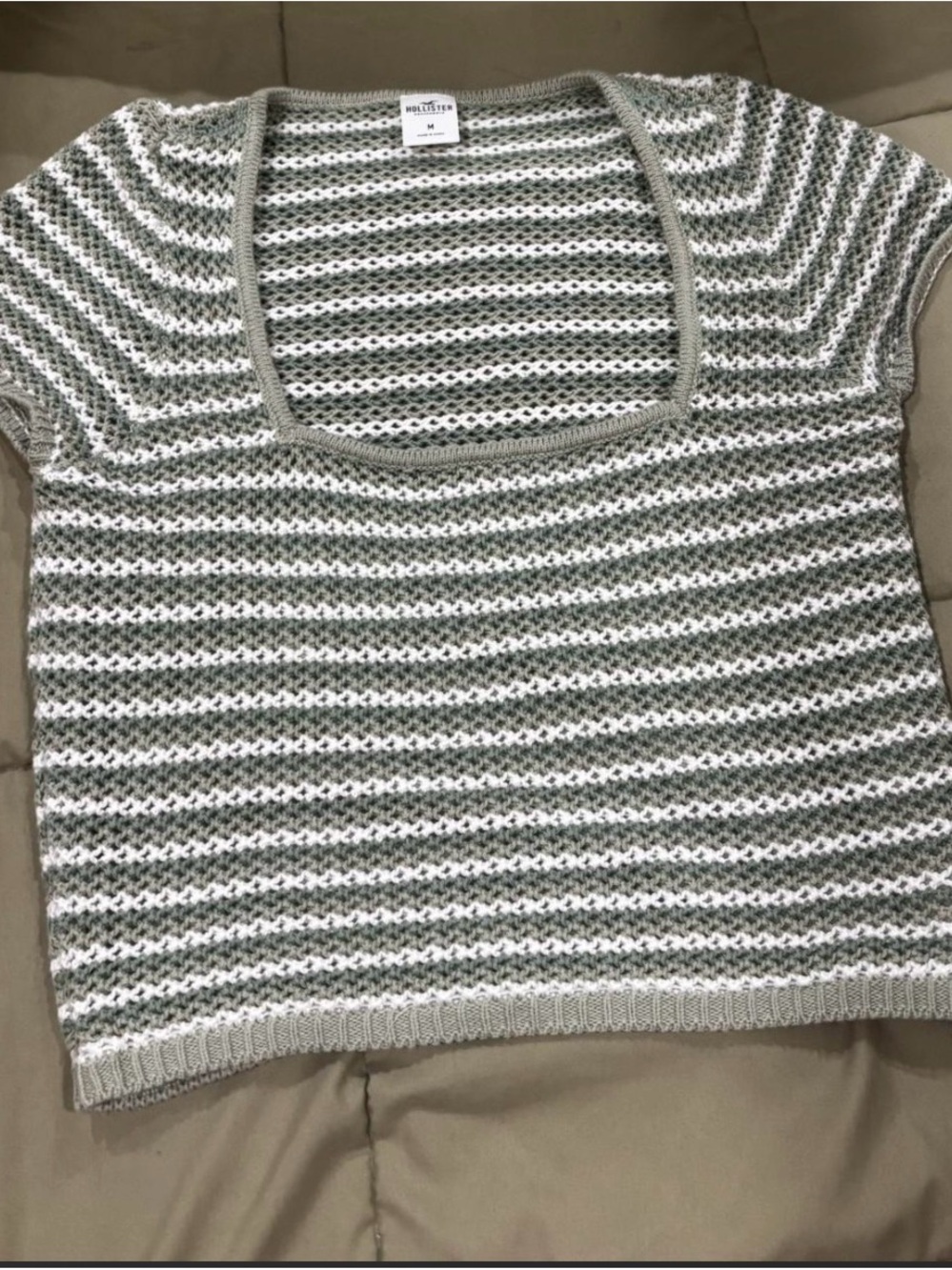 Hollister Green and White Striped Open-Knit Scoop Neck Sweater